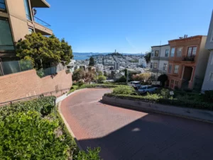 Vue plongeante et verdoyante sur la Rue Lombard et la ville de San Francisco. Des voitures emprutent la descente.