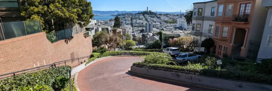 Vue plongeante et verdoyante sur la Rue Lombard et la ville de San Francisco. Des voitures emprutent la descente.