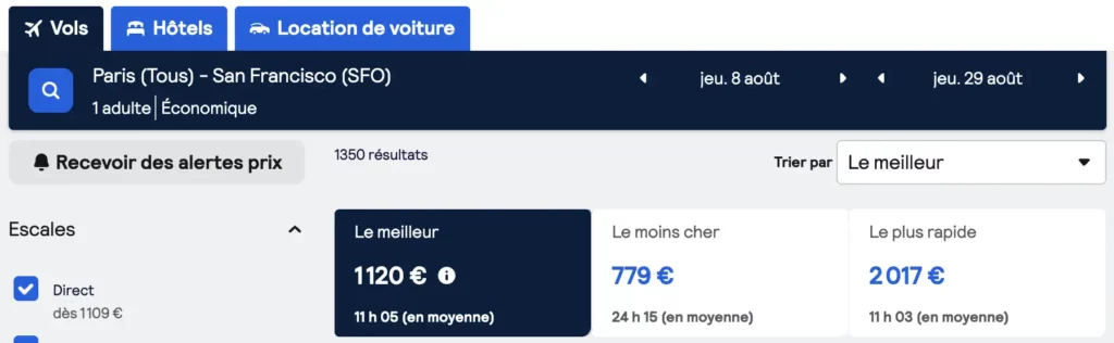 Quand partir à San Francisco peut coûter cher en billets d’avion…Prix de SkyScanner depuis Paris.