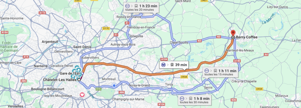 trajet en train d'une ville a 1h de paris sur Google Maps