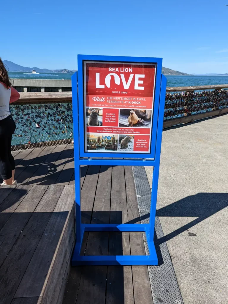 panneau rouge et bleu affichant des informations sur les lions de mer (sea lion love)